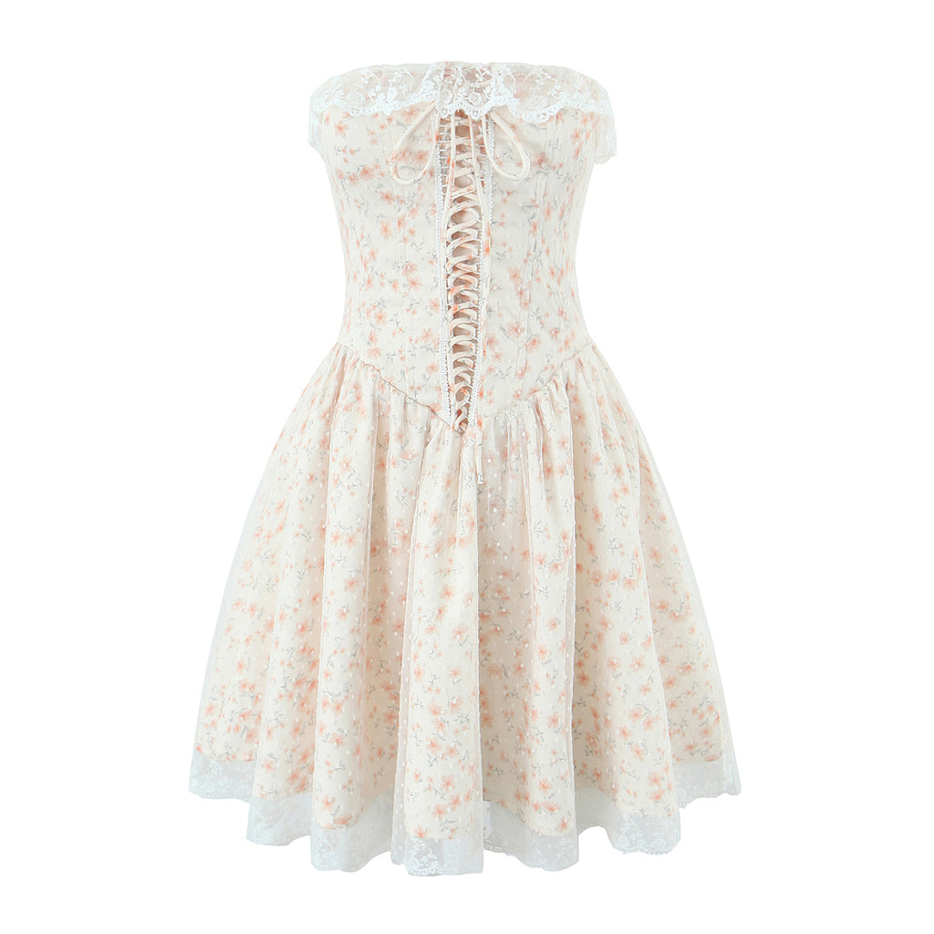 Puff-Sleeve Strapless Dress Floral Lace-Up Picture Color