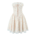 Puff-Sleeve Strapless Dress Floral Lace-Up Picture Color