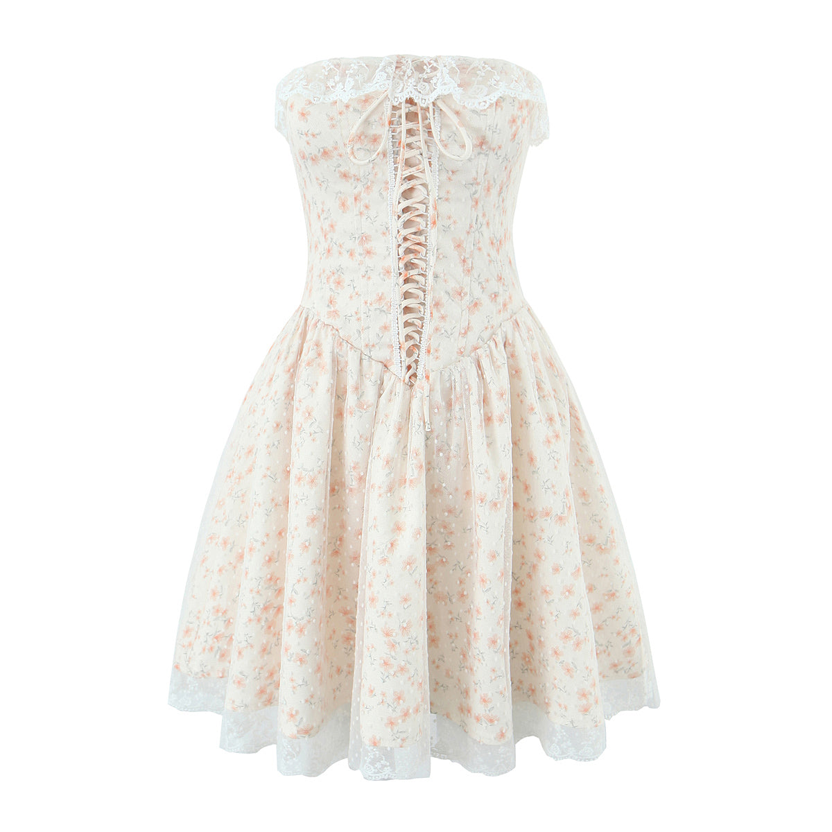 Puff-Sleeve Strapless Dress Floral Lace-Up Picture Color