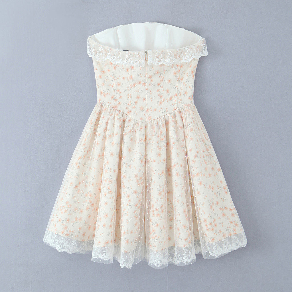 Puff-Sleeve Strapless Dress Floral Lace-Up Picture Color