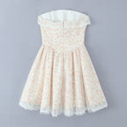 Puff-Sleeve Strapless Dress Floral Lace-Up Picture Color
