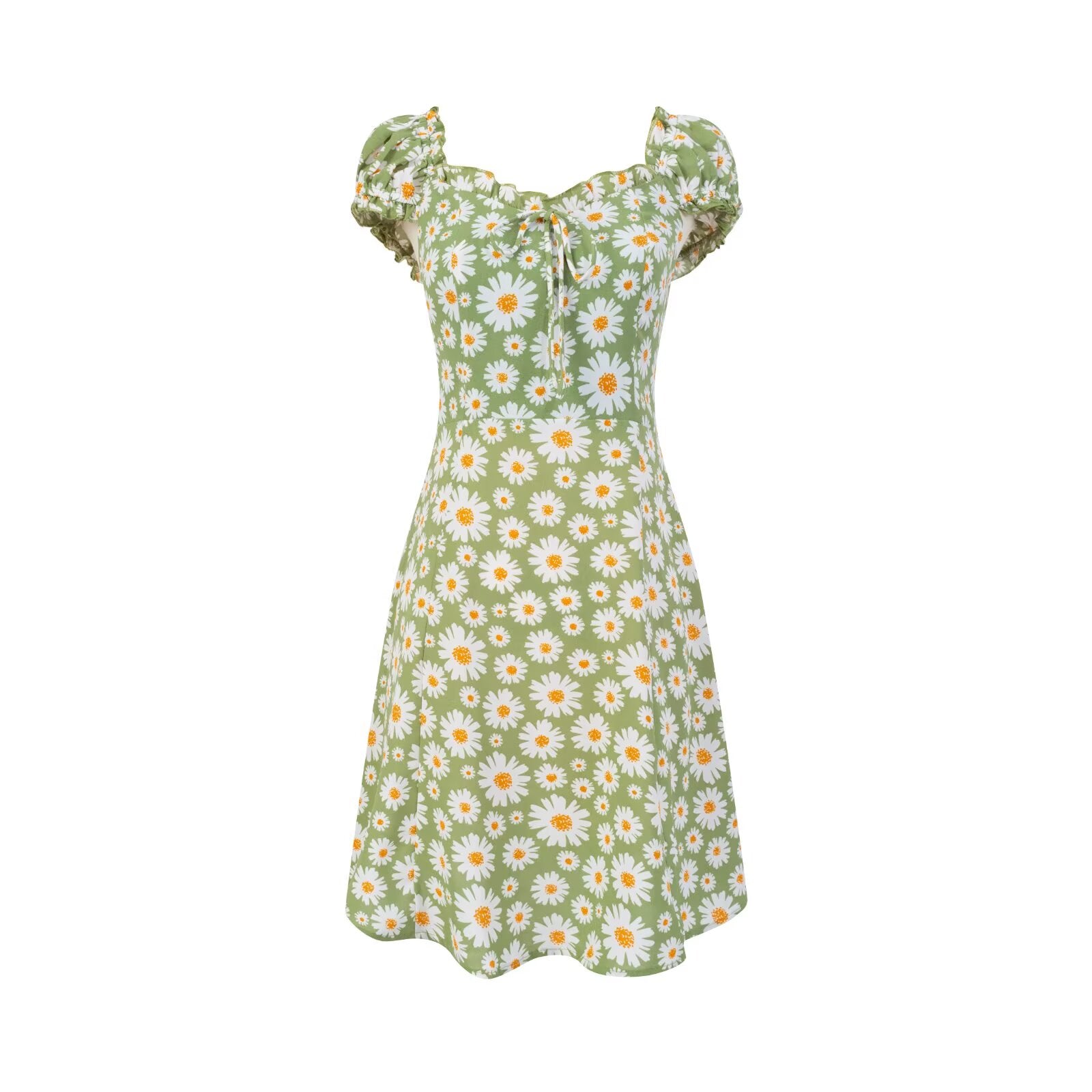 Women's V-Neck Floral Ruffle Smocked Tie Puff-Sleeve A-Line Mini Dress