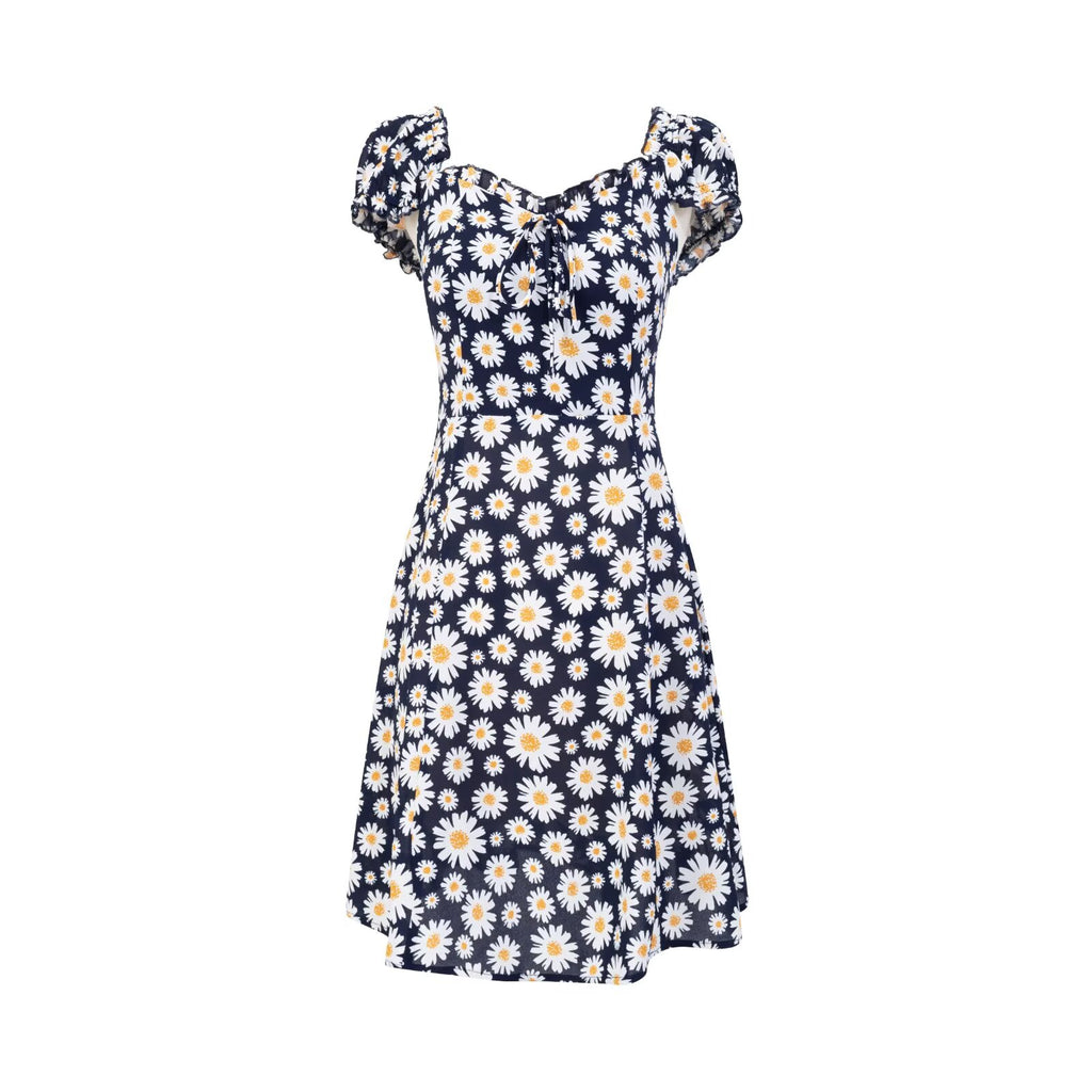 Women's V-Neck Floral Ruffle Smocked Tie Puff-Sleeve A-Line Mini Dress