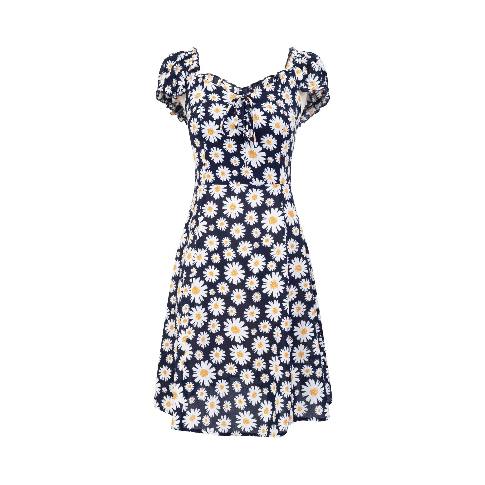 Women's V-Neck Floral Ruffle Smocked Tie Puff-Sleeve A-Line Mini Dress