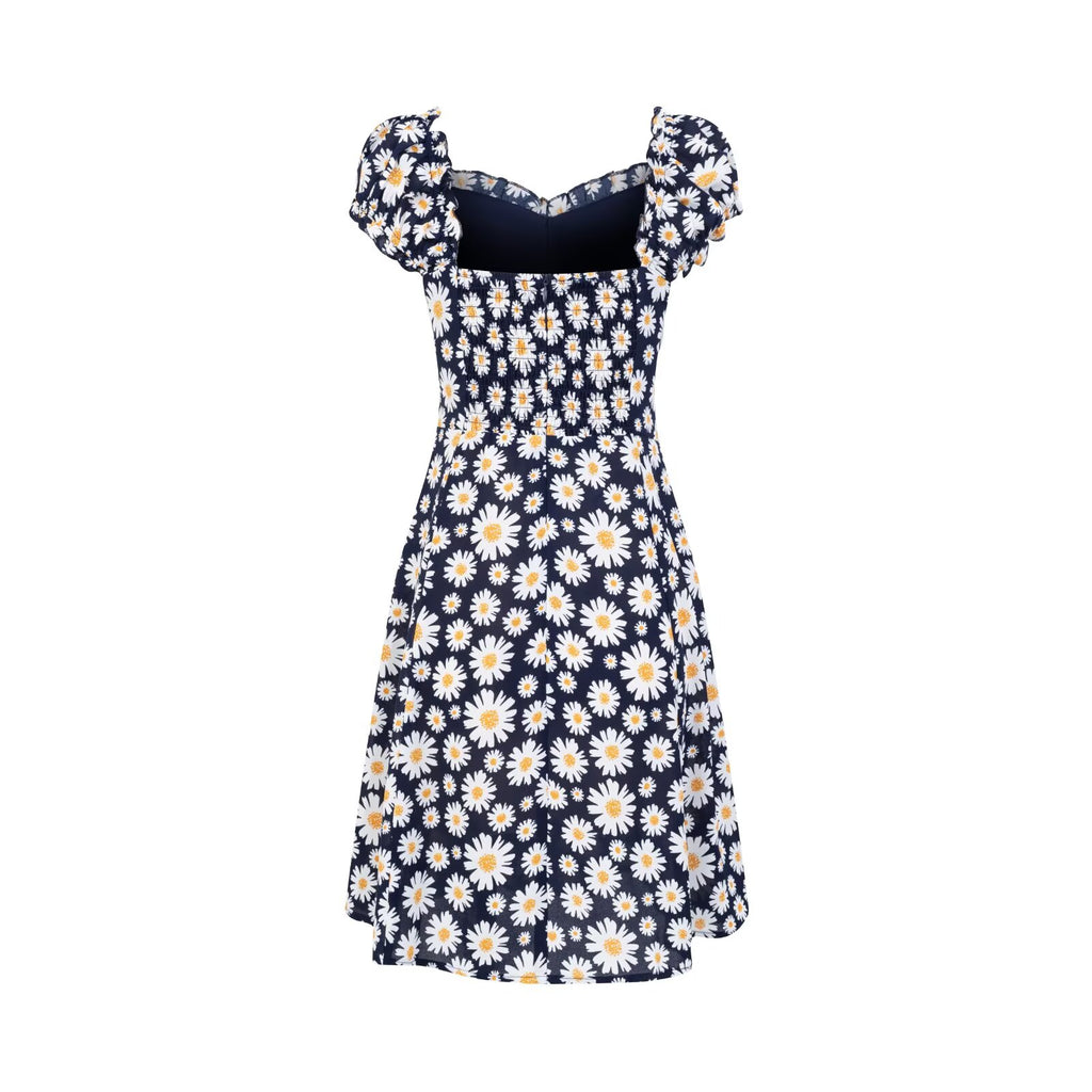 Women's V-Neck Floral Ruffle Smocked Tie Puff-Sleeve A-Line Mini Dress