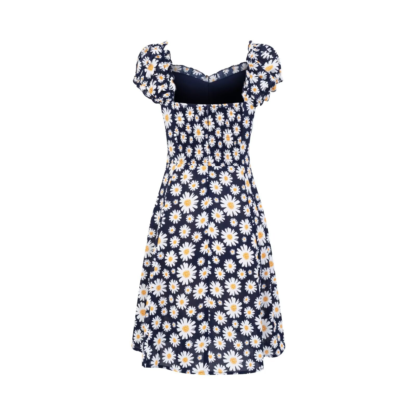 Women's V-Neck Floral Ruffle Smocked Tie Puff-Sleeve A-Line Mini Dress