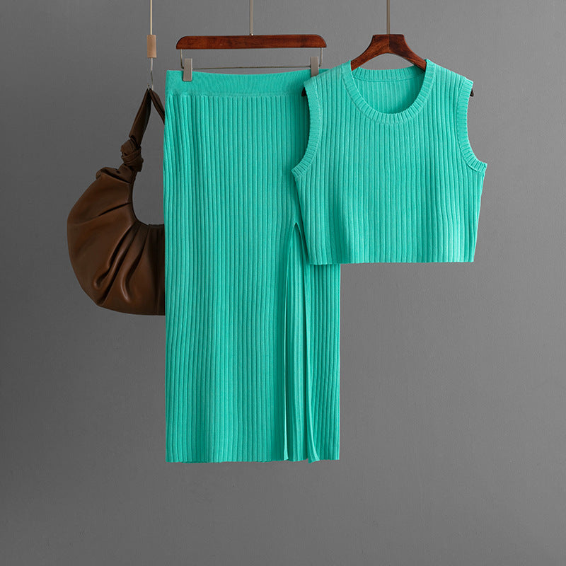 Women's Solid Color Sleeveless Summer Vest and Skirt Two-Piece Set