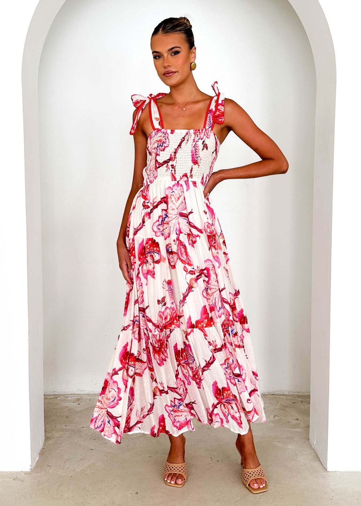 Smocking Elastic Waist Knotted Shoulder Strap A-Line Dress Long