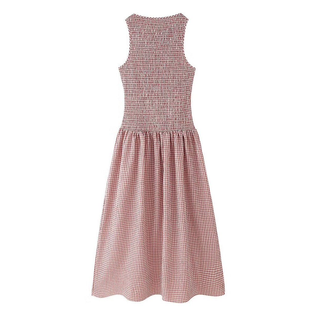 Sweet Idle Smocking Plaid Sleeveless Dress