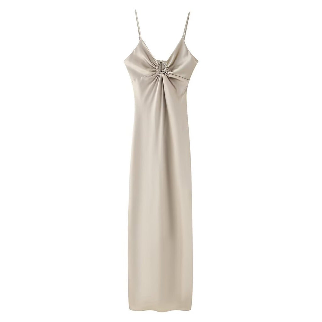 Women's Clothing Long Hollow Out Cutout Decorative Satin Sling Dress