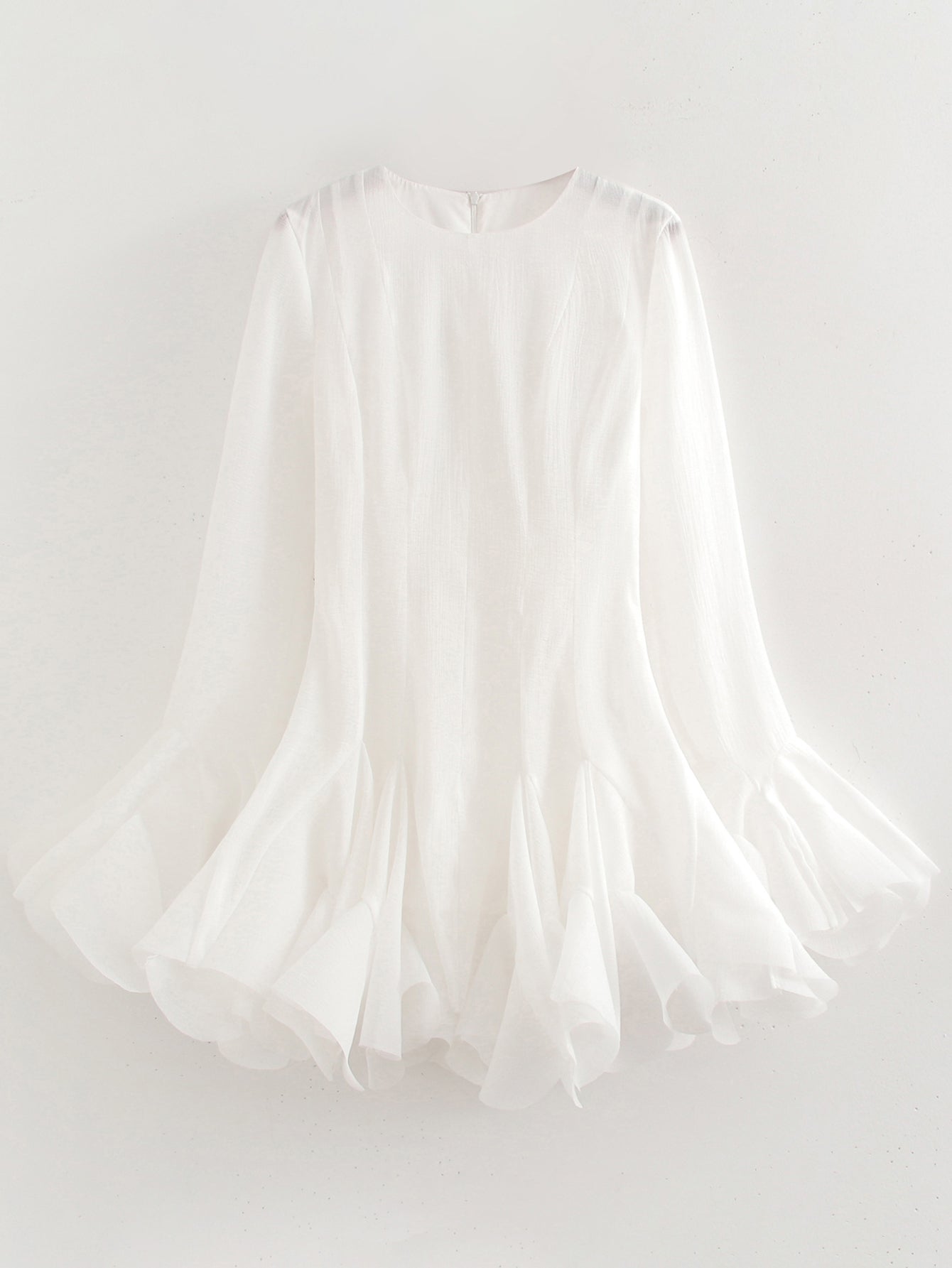Women's Crew-Neck Ruffle 3D Lace Long-Sleeve A-Line Mini Dress