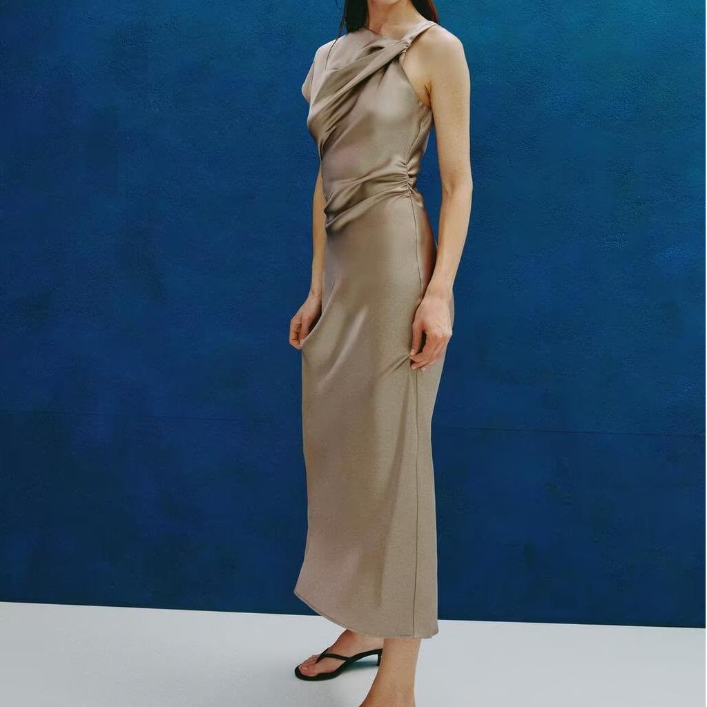Women's Satin Asymmetric Cutout Ruched Dress