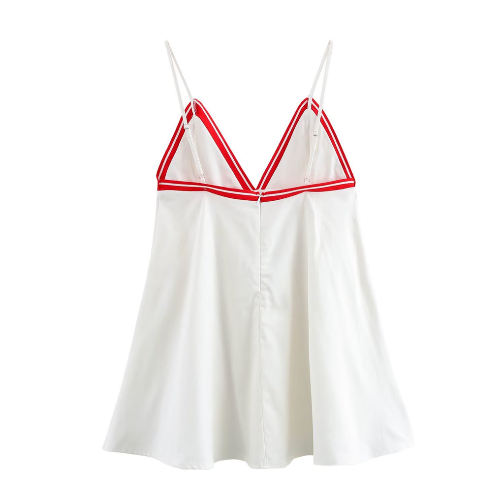 Women's Spring Colored Rib V Neck Strap Short Dress