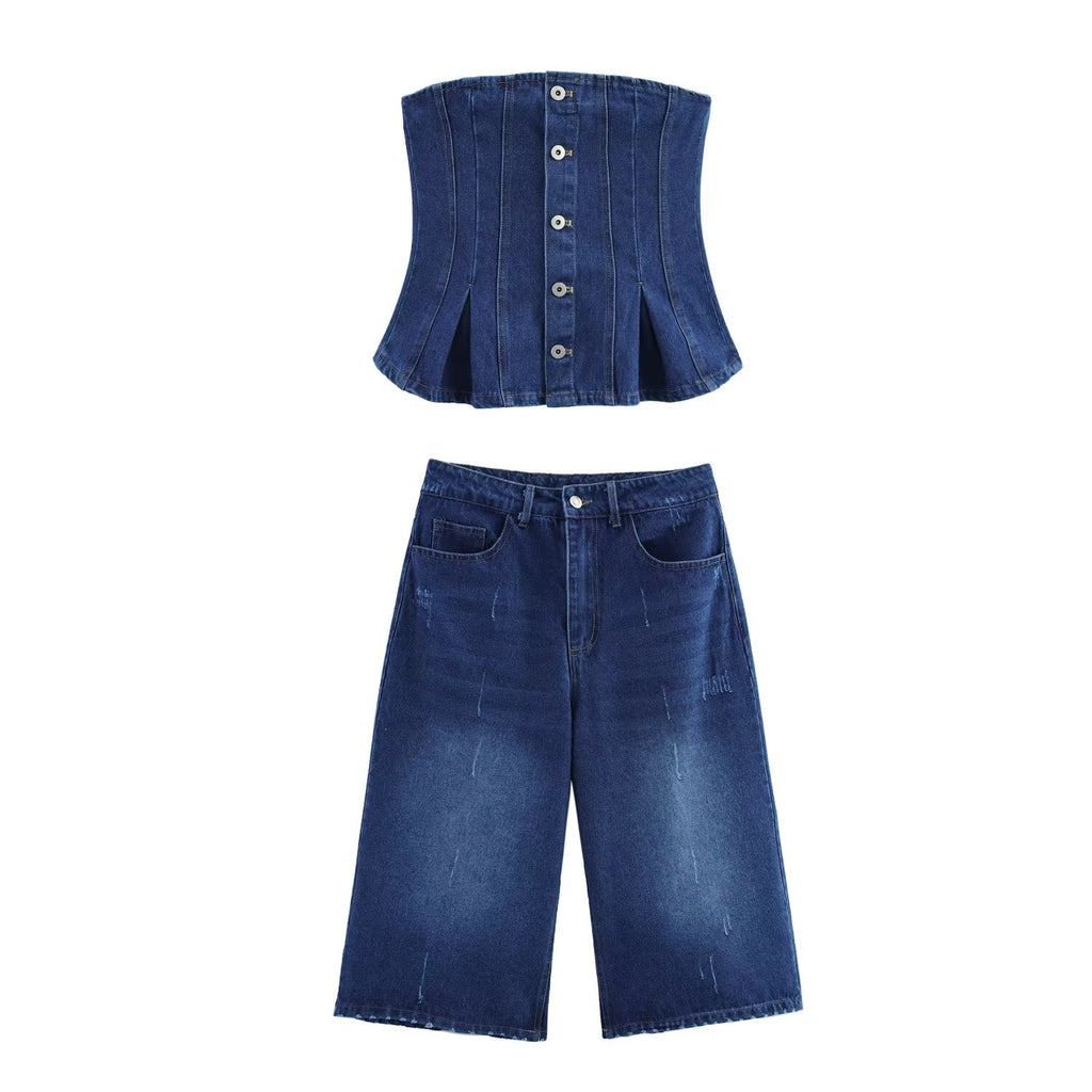 Spring Summer Denim Tank Top Shorts Set