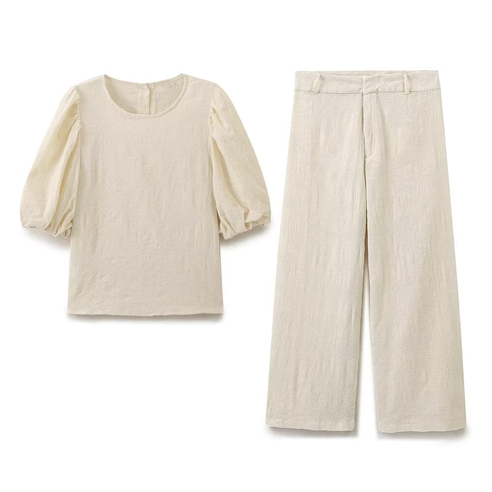 Retro Puff Sleeve Embroidered Shirt High-Waisted Wide Leg Pants