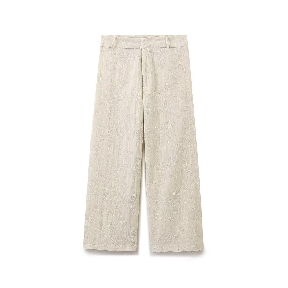 Retro Puff Sleeve Embroidered Shirt High-Waisted Wide Leg Pants