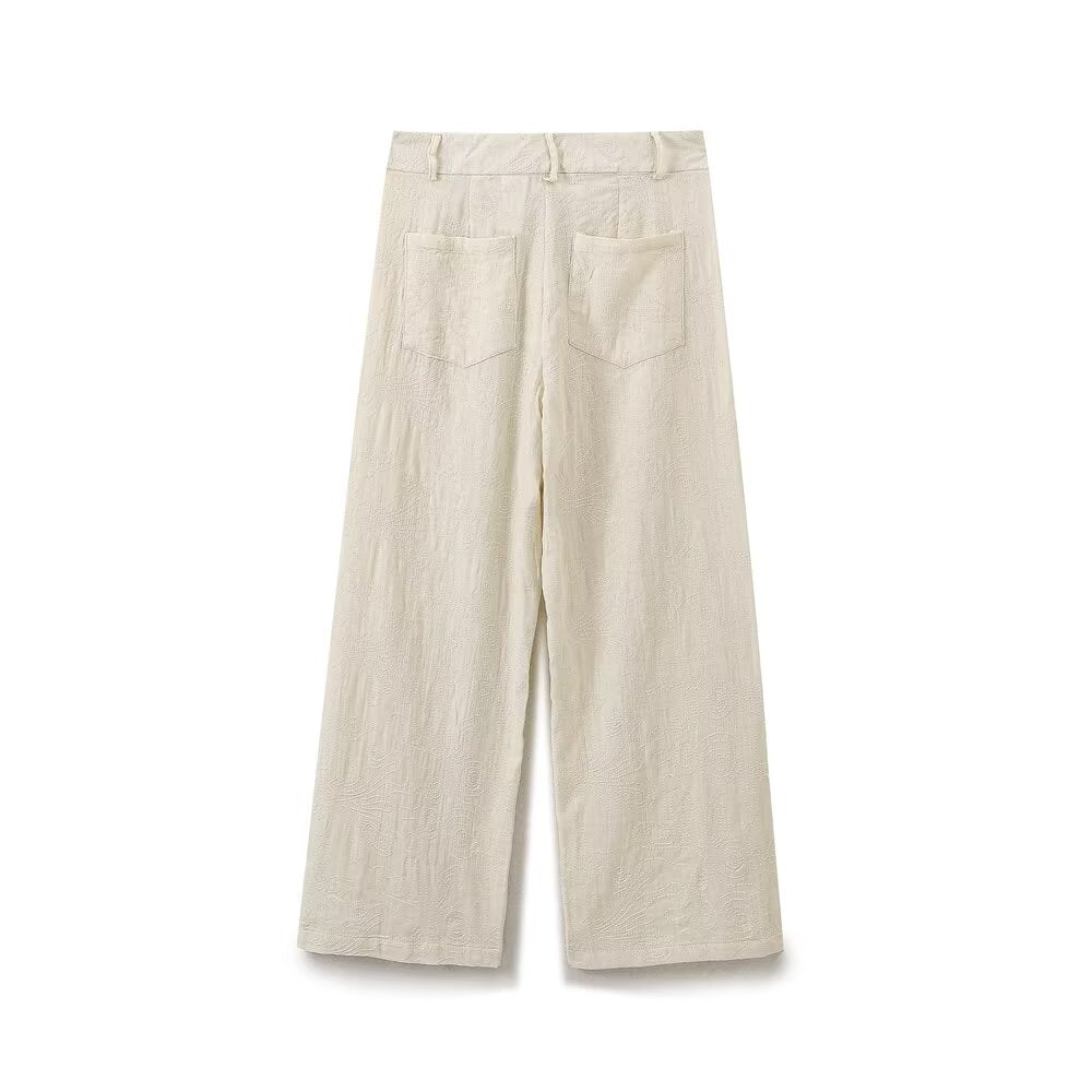 Retro Puff Sleeve Embroidered Shirt High-Waisted Wide Leg Pants
