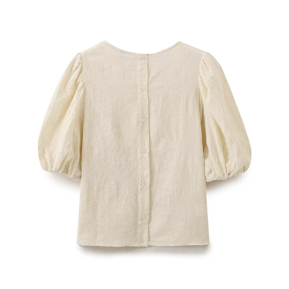 Retro Puff Sleeve Embroidered Shirt High-Waisted Wide Leg Pants