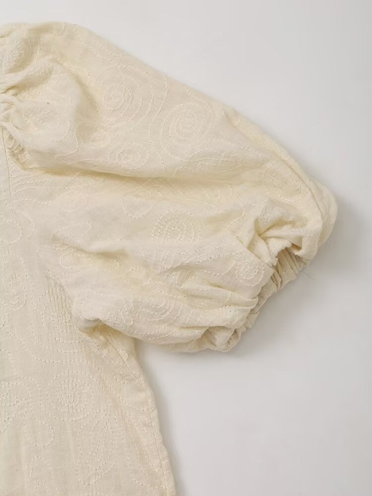 Retro Puff Sleeve Embroidered Shirt High-Waisted Wide Leg Pants