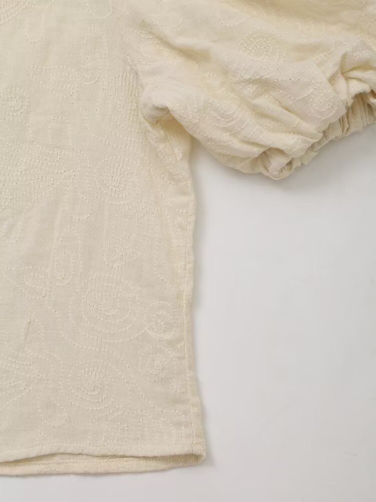 Retro Puff Sleeve Embroidered Shirt High-Waisted Wide Leg Pants