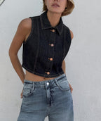 Women's Spring Collared Sleeveless Denim Vest and Skirt Two-Piece Set