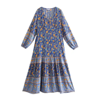 Bohemian Long Sleeve Printed Dress V-Neck Rayon Floral Loose