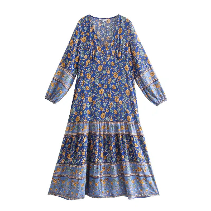 Bohemian Long Sleeve Printed Dress V-Neck Rayon Floral Loose