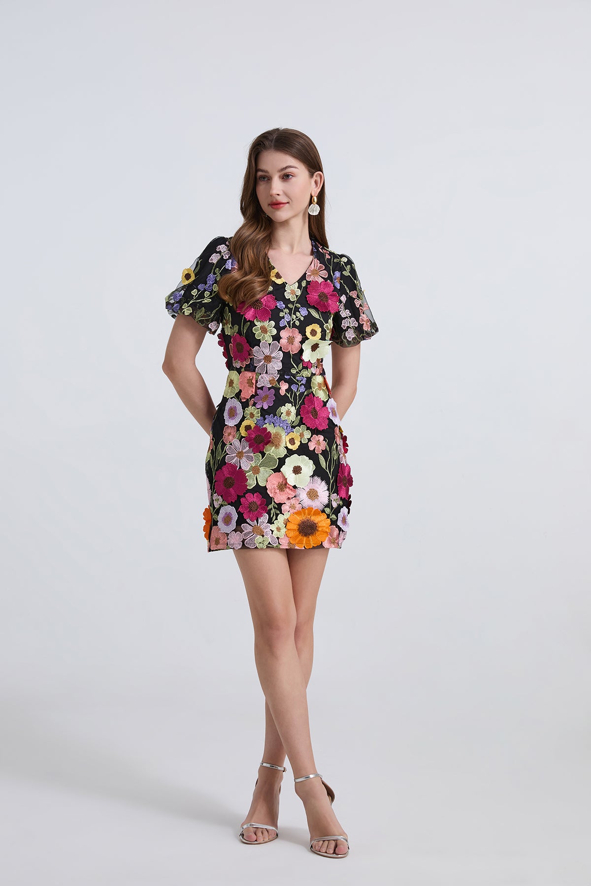 Women's Embroidered 3D Applique V-Neck Dress