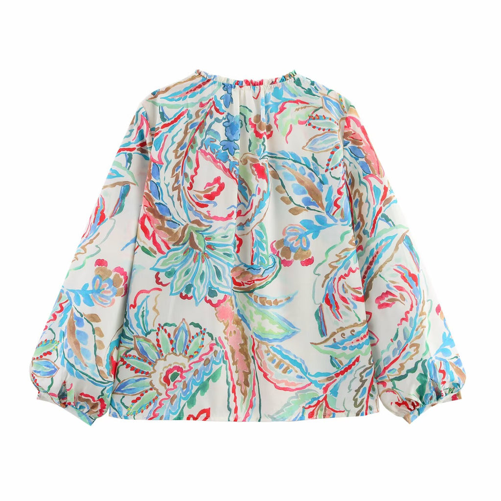 Women's Spring Summer Women Clothing Casual Long Sleeve V Neck Printed Poplin Shirt