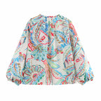 Women's Spring Summer Women Clothing Casual Long Sleeve V Neck Printed Poplin Shirt