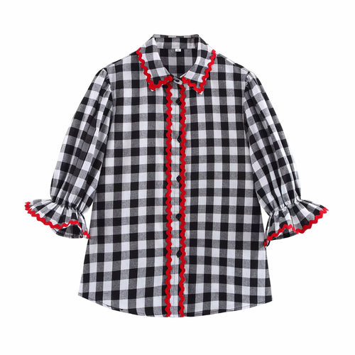 Spring Home Wear Retro Color Contrast Check Half Sleeve Shirt Trousers for Women
