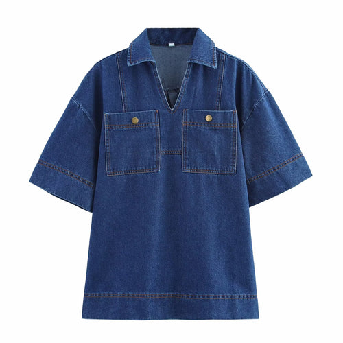 Spring Women Clothing Washed Collared Short Sleeve Loose Denim Top Culottes Set