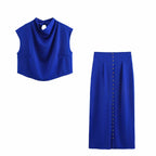 Women's Spring Women's Pile Collar Sleeveless Top Breasted Skirt Set