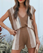 Summer Knitwear Clothes Casual Shorts V-Neck Two-Piece Set