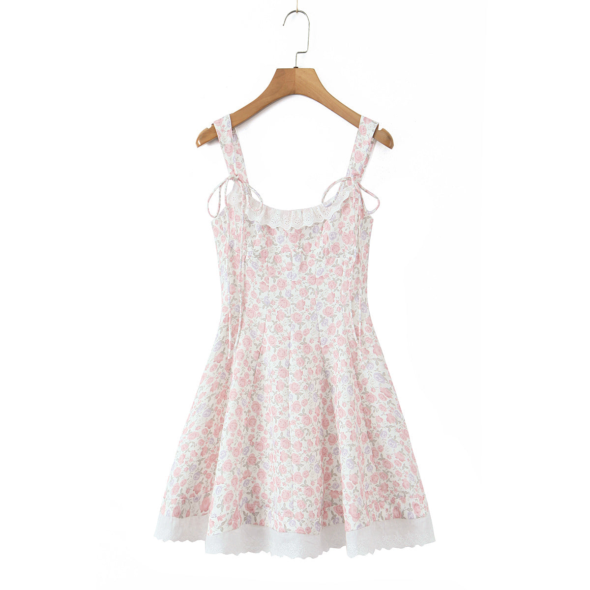 Women's Crew-Neck Floral Embroidered Smocked A-Line Knee-Length Dress