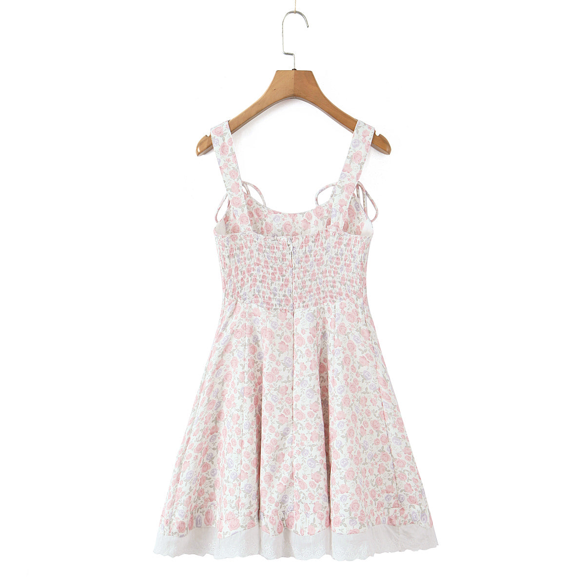 Women's Crew-Neck Floral Embroidered Smocked A-Line Knee-Length Dress