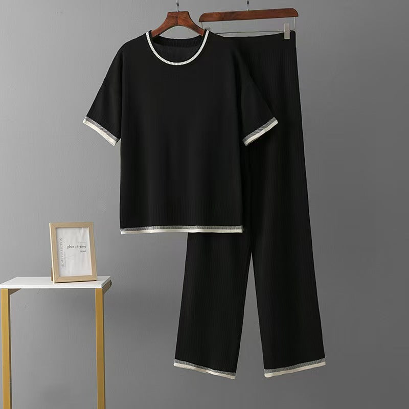 Short-Sleeve Simple Crew Neck Sleeved Sweater High-Waisted Knitted Two-Piece Set