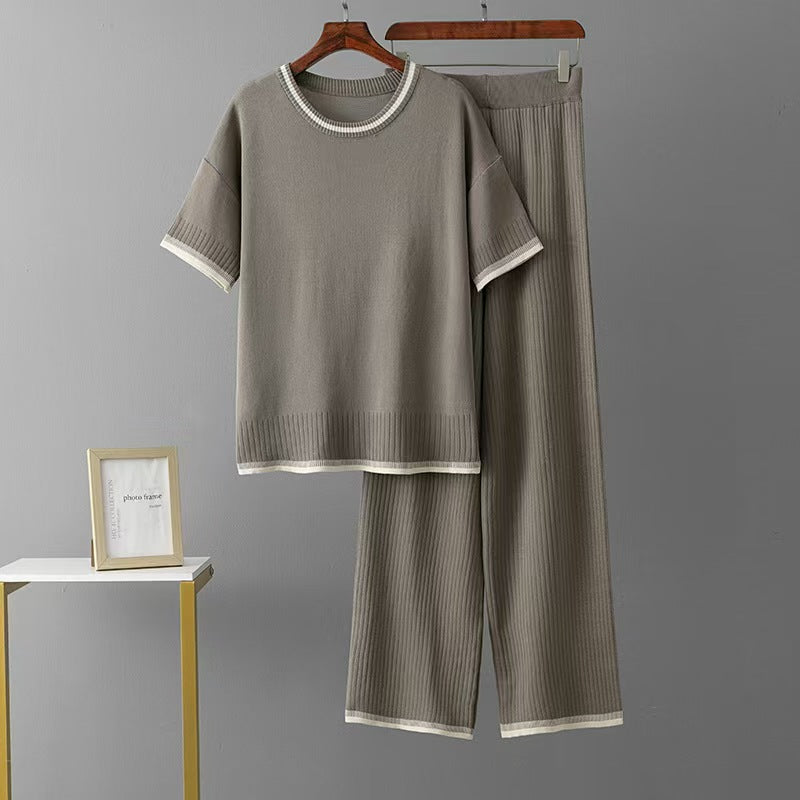 Short-Sleeve Simple Crew Neck Sleeved Sweater High-Waisted Knitted Two-Piece Set