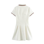 Women's Collared Color-Contrasting Stripe Buckle Knitted Dress