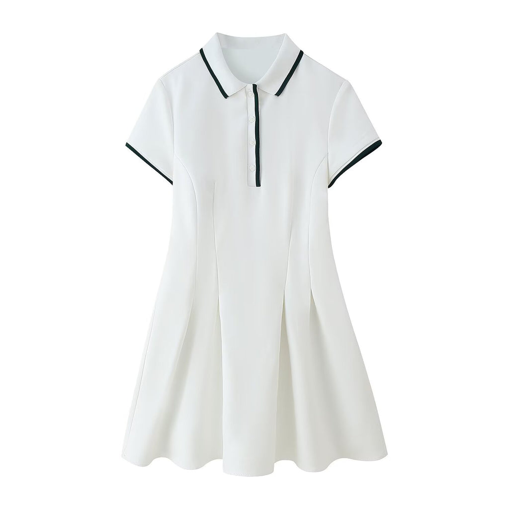Women's Collared Color-Contrasting Stripe Buckle Knitted Dress