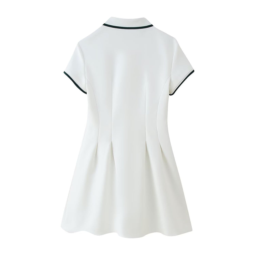 Women's Collared Color-Contrasting Stripe Buckle Knitted Dress