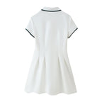Women's Collared Color-Contrasting Stripe Buckle Knitted Dress
