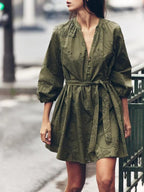 V neck Autumn Embroidery Series Belt Dress Short Long Sleeve Women Clothing