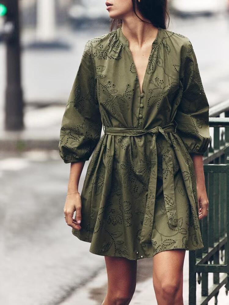 V neck Autumn Embroidery Series Belt Dress Short Long Sleeve Women Clothing