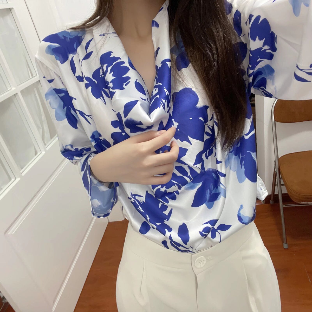 Women's Spring Women Clothing Draped Collar Printed Top
