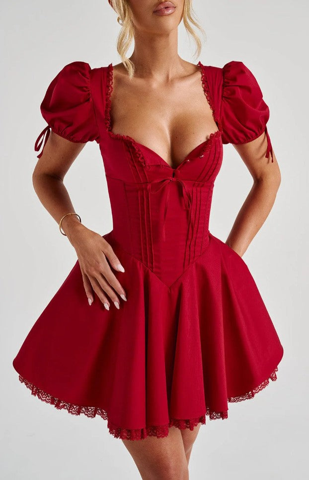 Women's Square-Neck Lace Puff-Sleeve Mini Dress