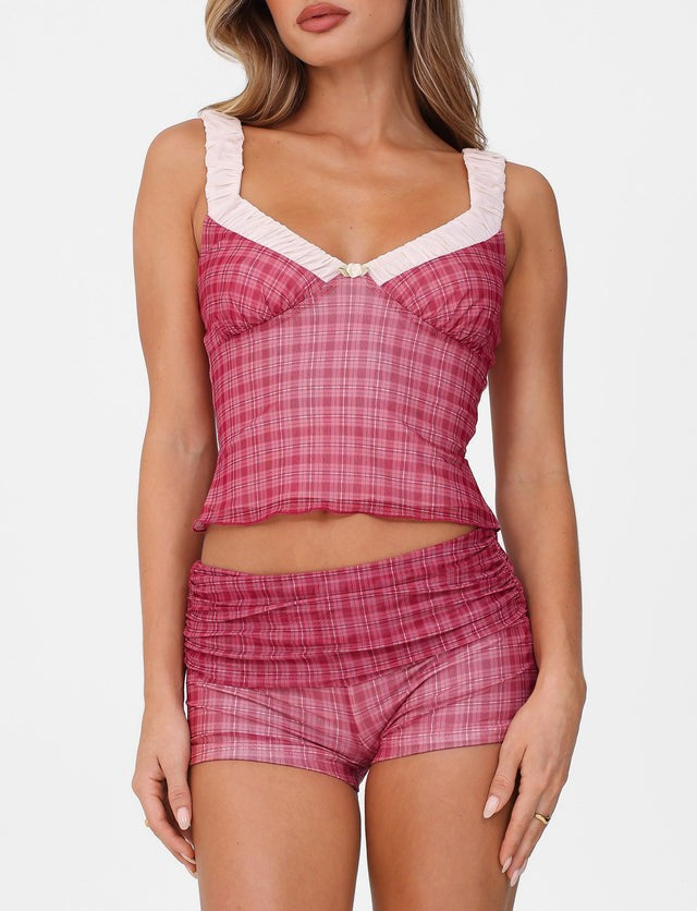 Women's Women's Pink Plaid V-Neck Stitching Camisole Tight Sheath