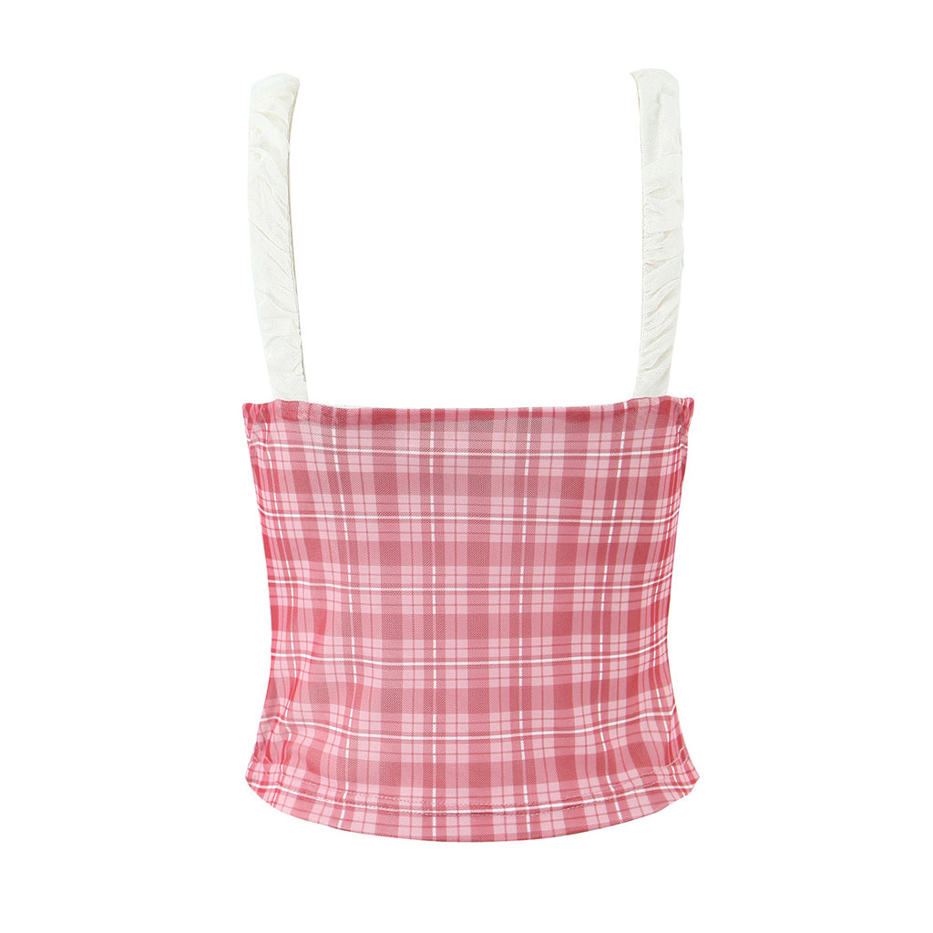 Women's Women's Pink Plaid V-Neck Stitching Camisole Tight Sheath