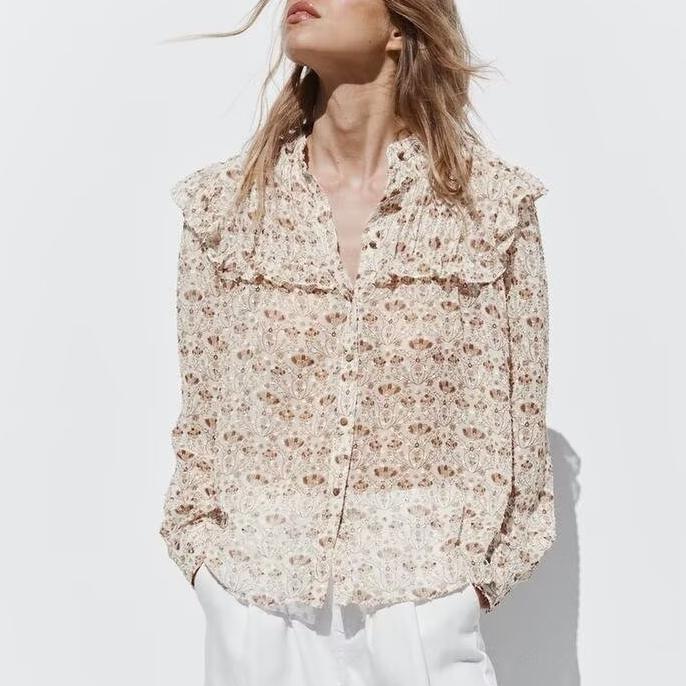 Women's Round Neck Slimming Tulle Printed Shirt
