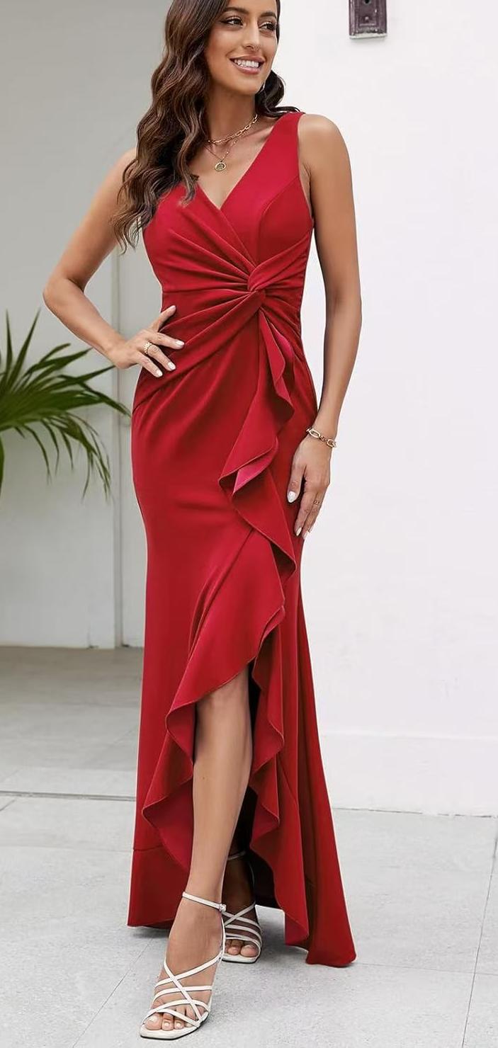 Women's V-Neck Ruffle Asymmetric Split Bodycon Maxi Dress